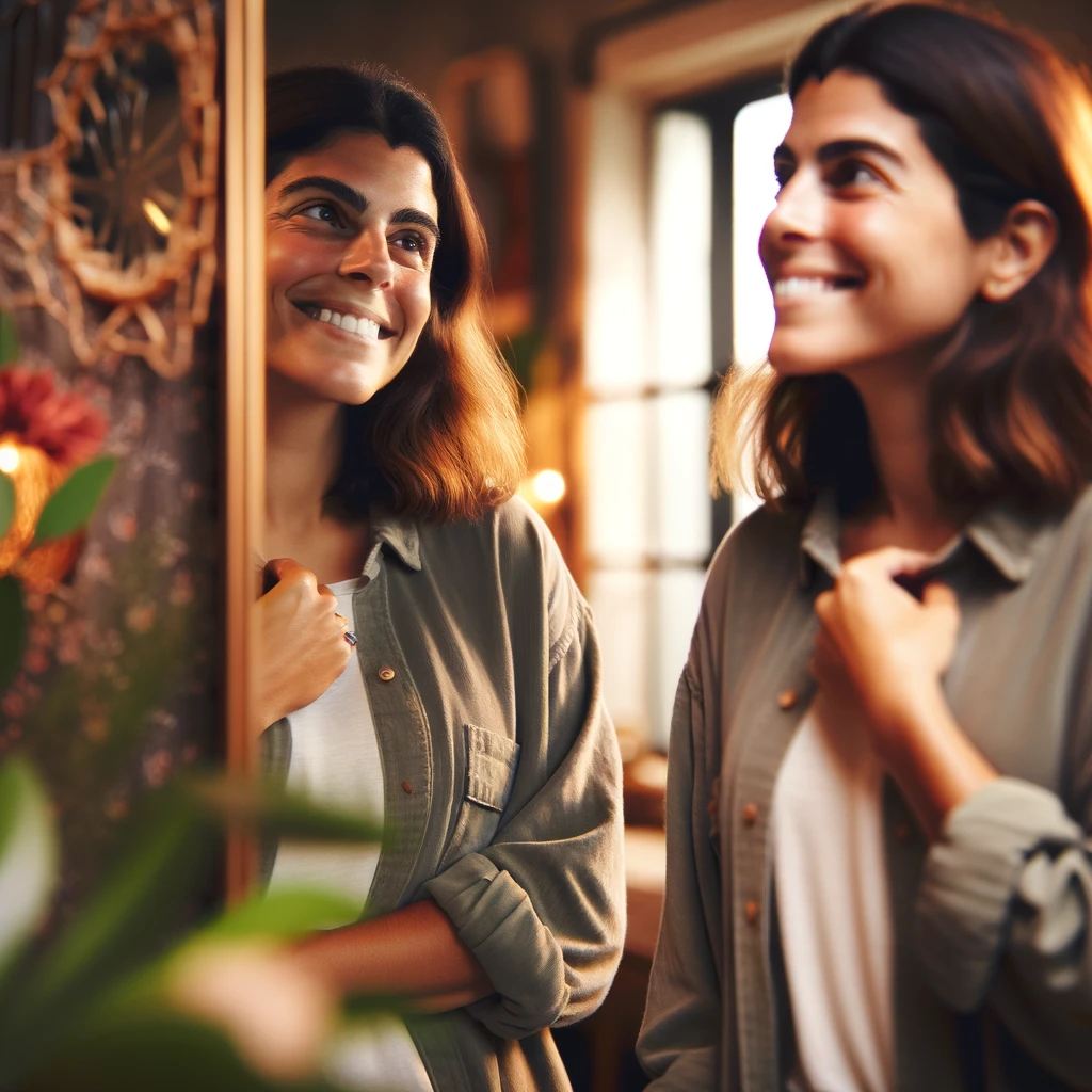 DALL·E 2024 01 01 16.47.37 Una mujer sonriendo con confianza frente a un espejo reflejando el concepto de amor propio. Ella esta de pie con una postura segura y relajada vist